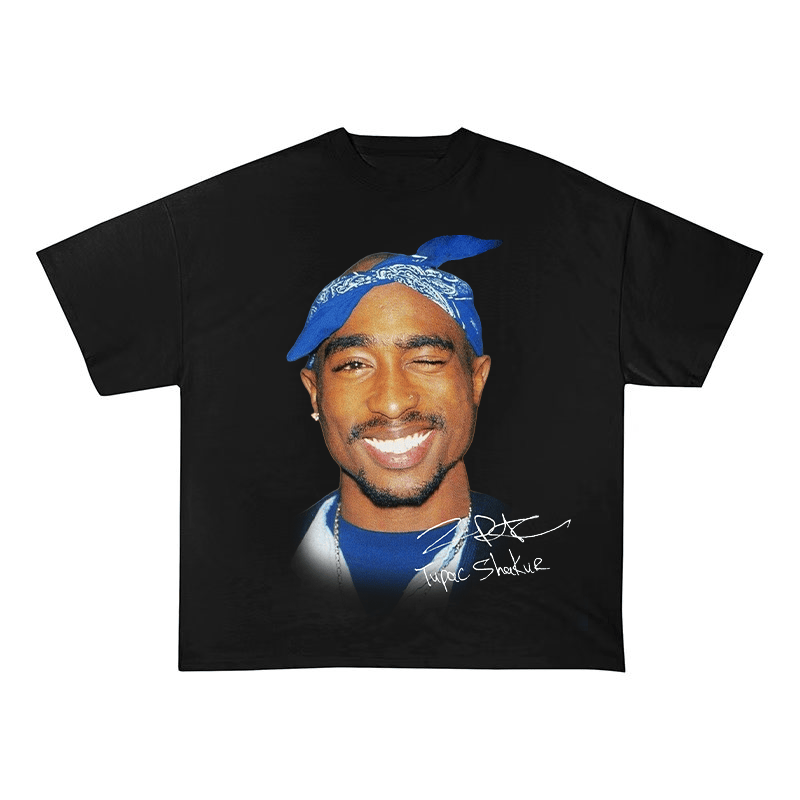 RDMCLOTHINGART tapestry hoodie Tupac Shakur Blue Bandana Portrait Oversized Heavyweight Cotton Tee-60017 | 90s Hip Hop Rap Fan Merch